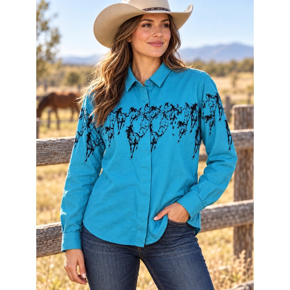 ROPER Wear Blue/Green Western Womens Shirt (Med) Rodeo Cowgirl Horses Equestrian